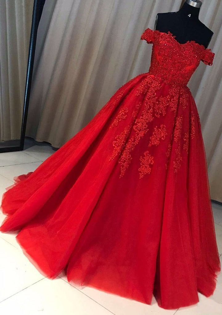 Lumidress Red Ball Gown Off-the-Shoulder Tulle Prom Pageant Dress