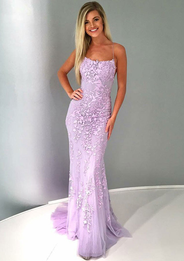 Lumidress Mermaid Spaghetti Strap Backless Maxi Dress with Lace Appliques