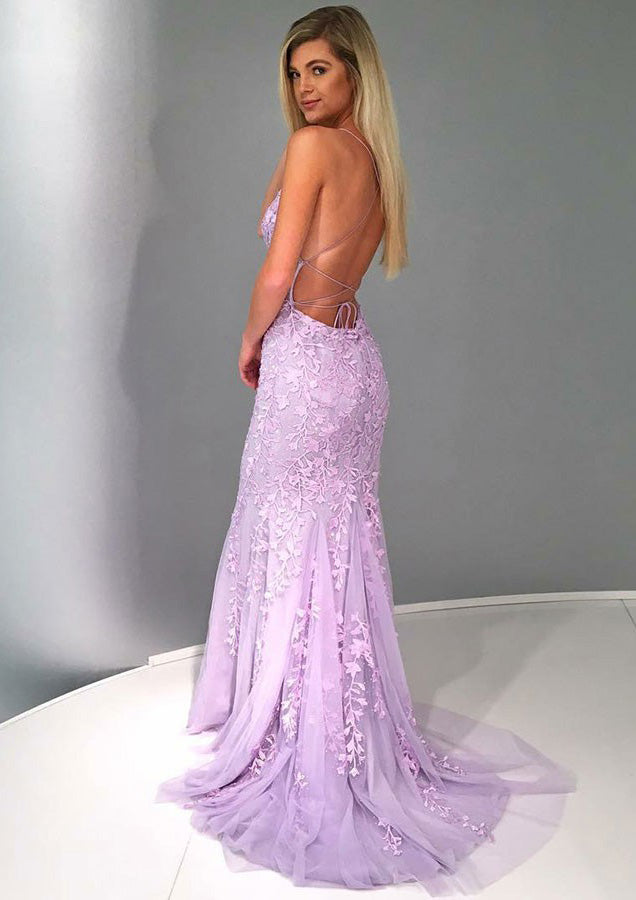 Lumidress Mermaid Spaghetti Strap Backless Maxi Dress with Lace Appliques