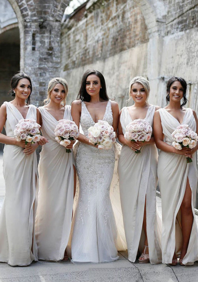 Lumidress Cowl Neck Sleeveless Chiffon High Slit Bridesmaid Dresses