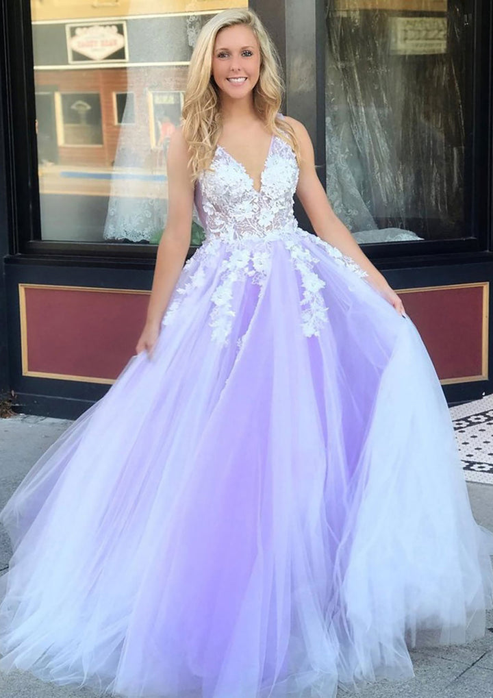 Lumidress Lilac Sleeveless V-Neck White Lace Appliqués Long Prom Gown
