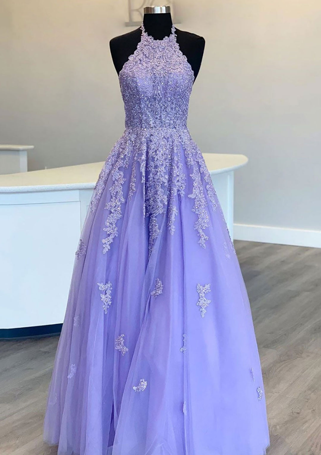Lumidress Lavender Princess Halter Lace &amp; Tulle Prom Dress with Beaded Appliqués