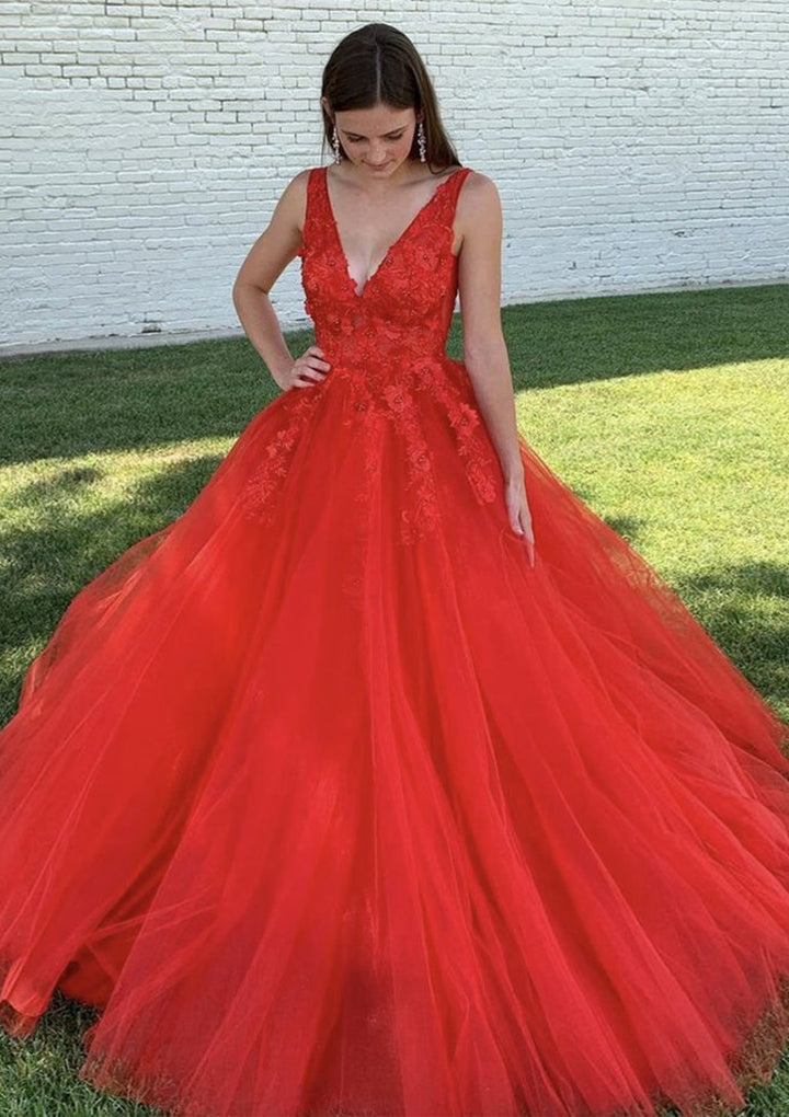 Lumidress Elegant V-Neck Ball Gown Prom Dress with Lace &amp; Beaded Tulle Train