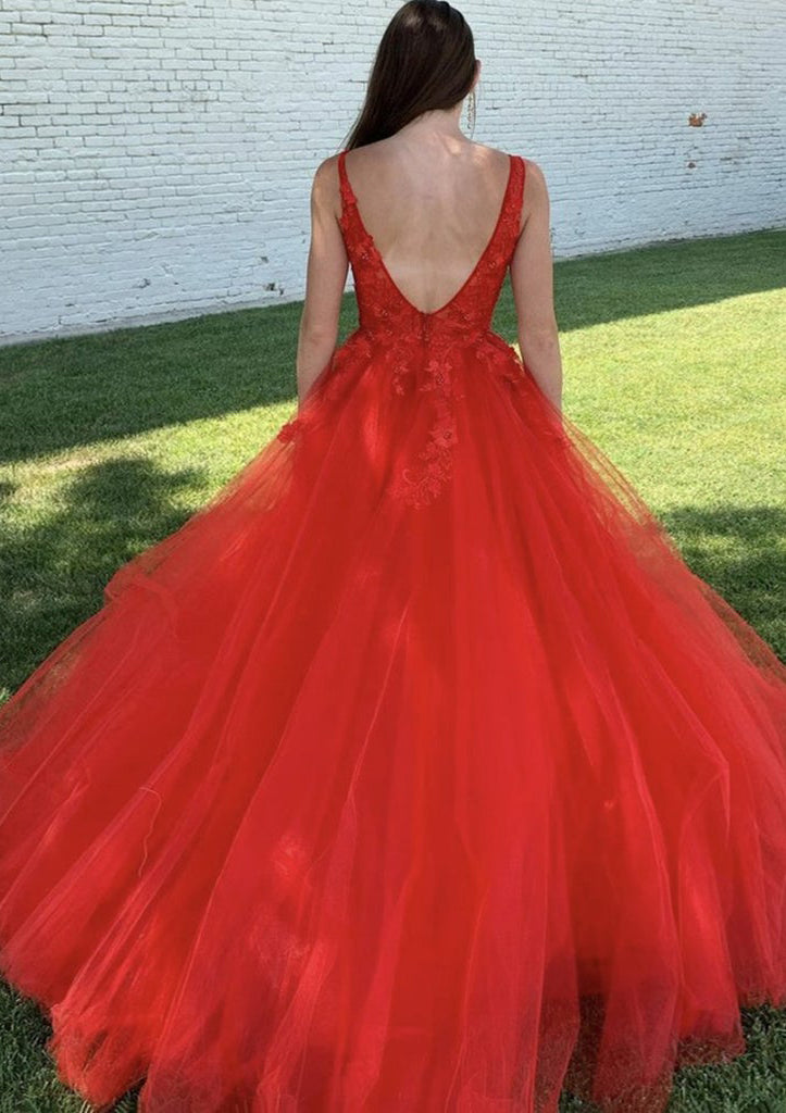 Lumidress Elegant V-Neck Ball Gown Prom Dress with Lace &amp; Beaded Tulle Train
