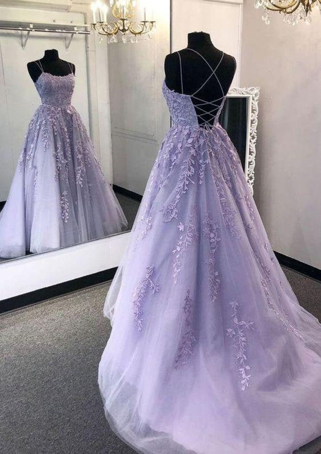 Lumidress Lilac Spaghetti Strap Long Prom Dress with Lace Appliqués