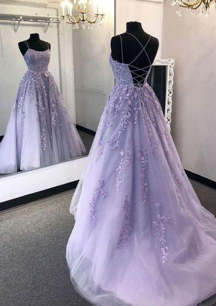 Lumidress Lilac Spaghetti Strap Long Prom Dress with Lace Appliqués