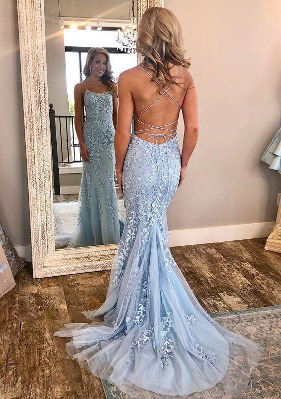 Lumidress Mermaid Spaghetti Strap Backless Maxi Dress with Lace Appliques