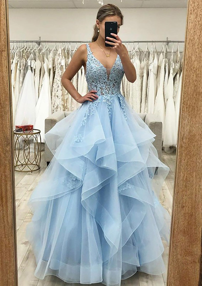 Lumidress A-Line V-Neck Sleeveless Layered Tulle Prom Dress with Lace Appliqués