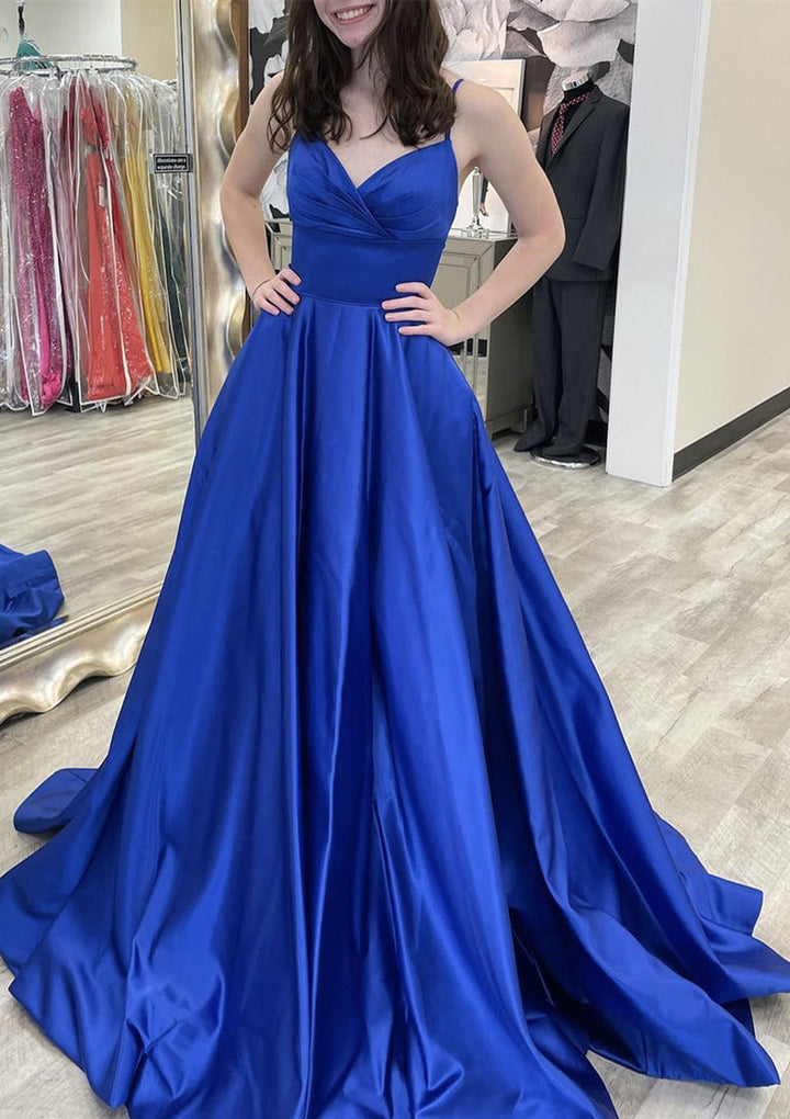 Lumidress Royal Blue Elegant A-Line Satin Prom Dress with Bow