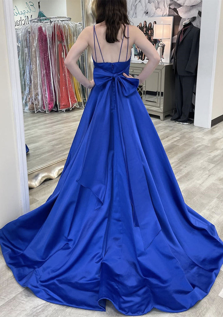 Lumidress Royal Blue Elegant A-Line Satin Prom Dress with Bow