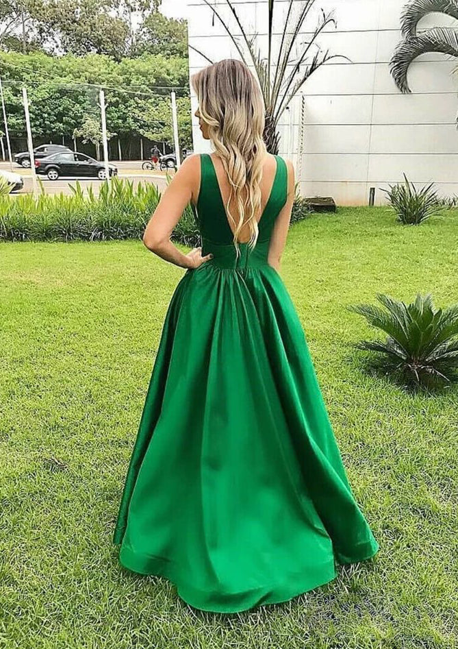 Lumidress Dark Green A-Line V-Neck Sleeveless Satin Prom Dress with Pleated
