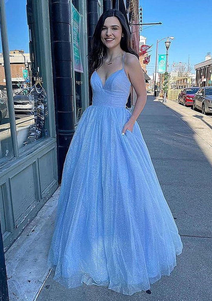 Lumidress Princess A-Line Glitter Tulle Prom Dress with V-Neck &amp; Pockets