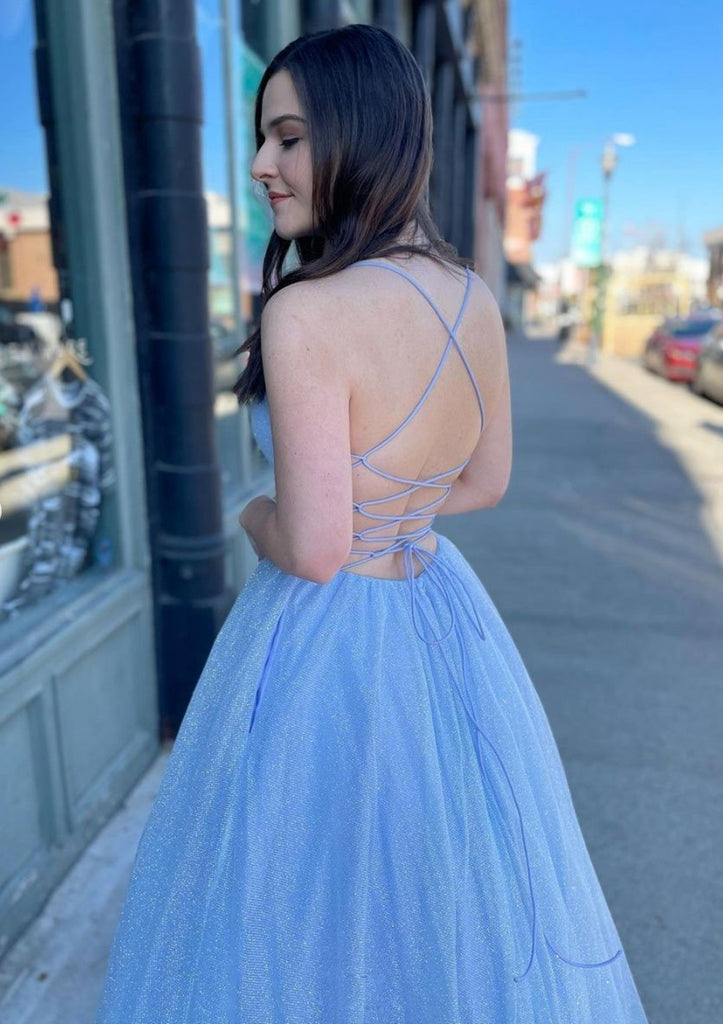 Lumidress Princess A-Line Glitter Tulle Prom Dress with V-Neck &amp; Pockets