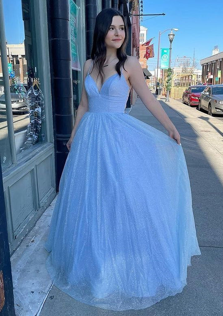 Lumidress Princess A-Line Glitter Tulle Prom Dress with V-Neck &amp; Pockets