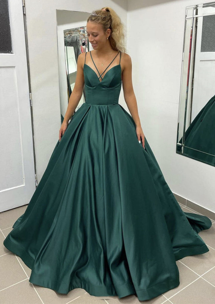 Lumidress Sleeveless Satin Ball Gown Prom Dress with Pleated Pockets