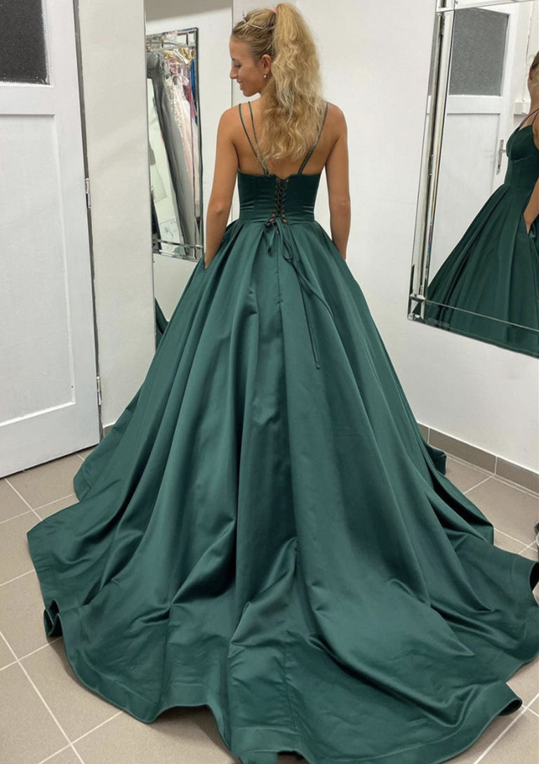 Lumidress Sleeveless Satin Ball Gown Prom Dress with Pleated Pockets