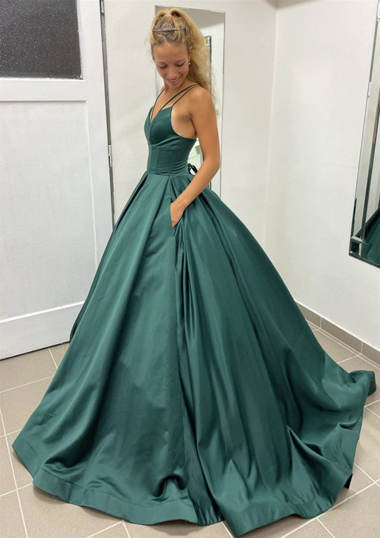 Lumidress Sleeveless Satin Ball Gown Prom Dress with Pleated Pockets