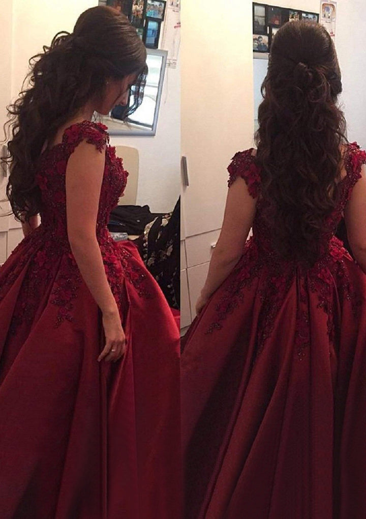 Lumidress Burgundy Satin Off-the-Shoulder Princess Prom Gown with Beaded Details