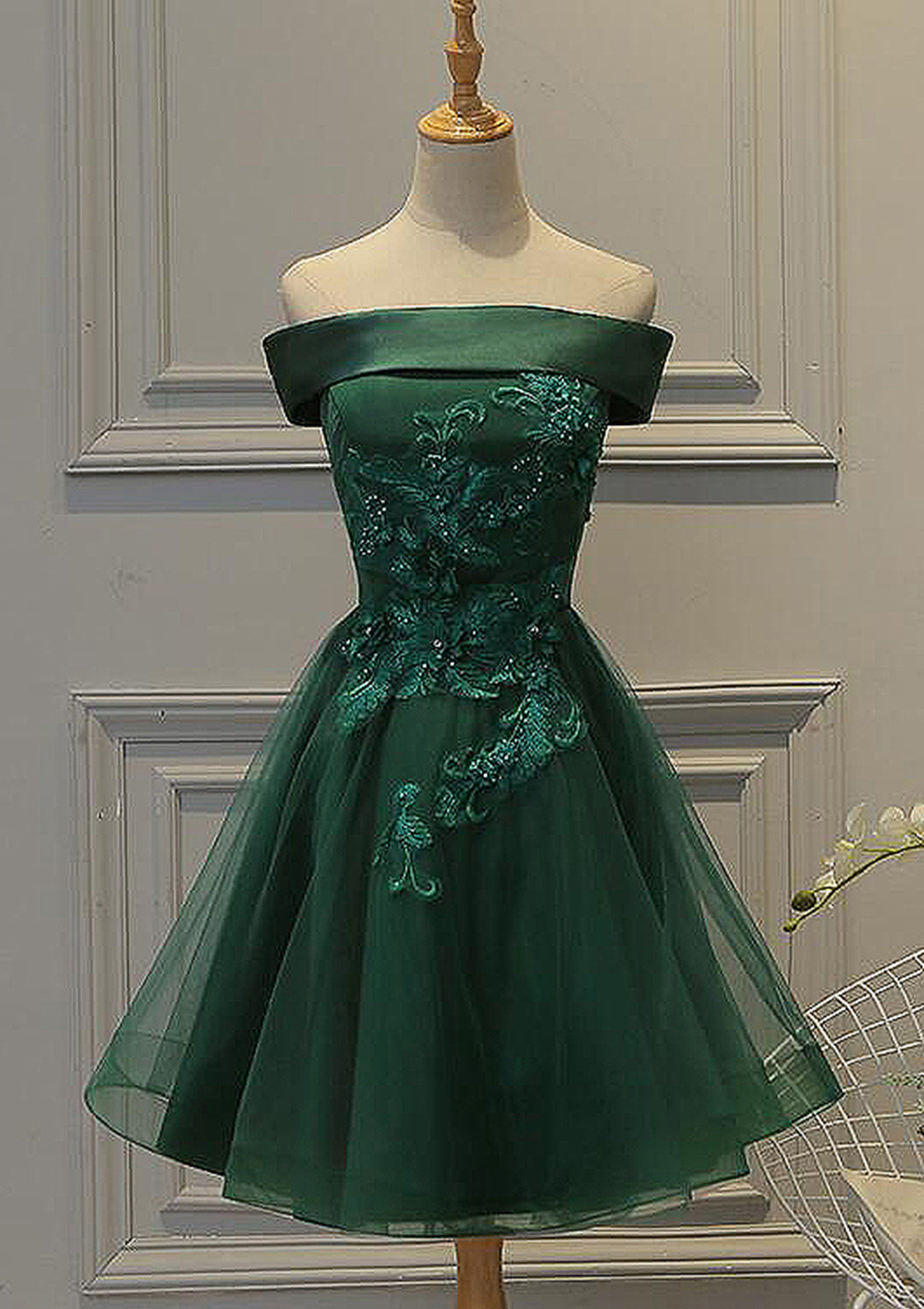 Lumidress Lace Appliqué Off-the-Shoulder Tulle Satin A-Line Mini Homecoming Dress
