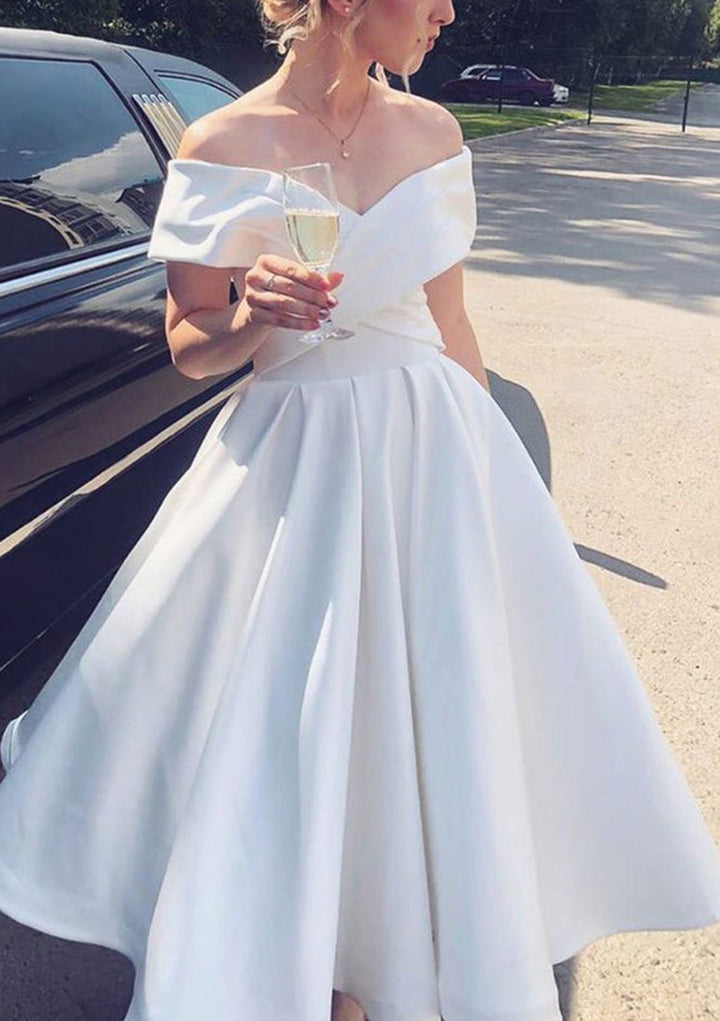 Lumidress Timeless Off-the-Shoulder Satin A-Line Tea-Length Evening Dress