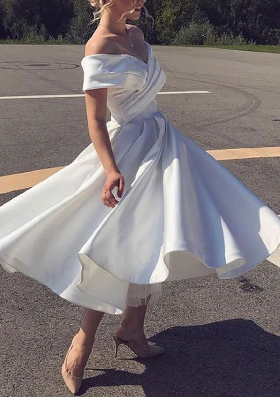 Lumidress Timeless Off-the-Shoulder Satin A-Line Tea-Length Evening Dress