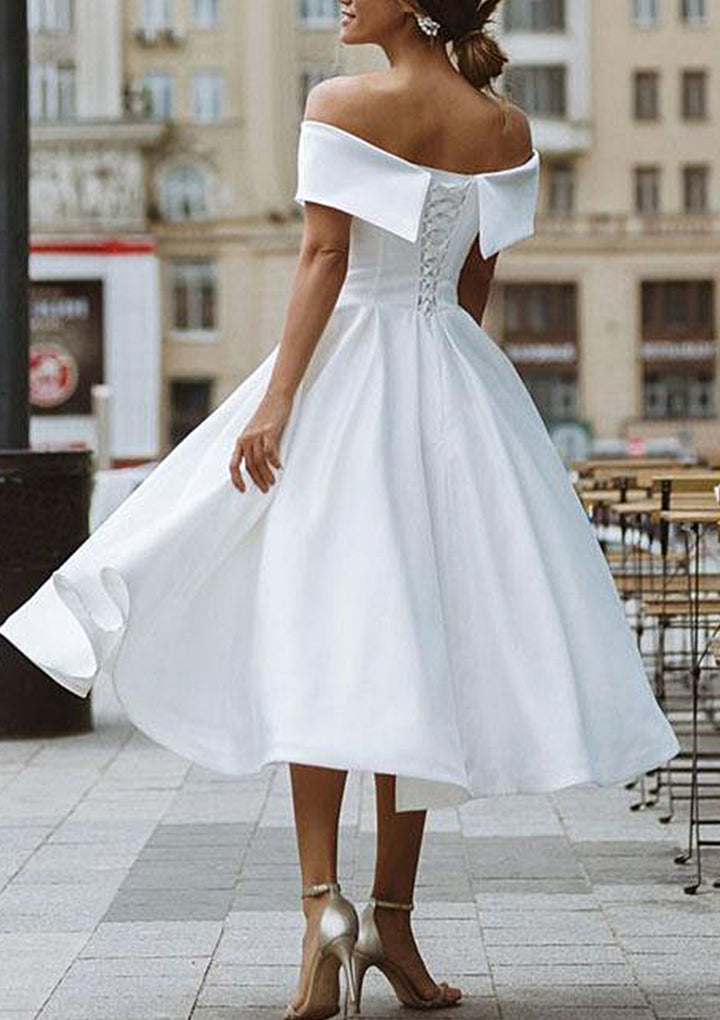 Lumidress Timeless Off-the-Shoulder Satin A-Line Tea-Length Evening Dress