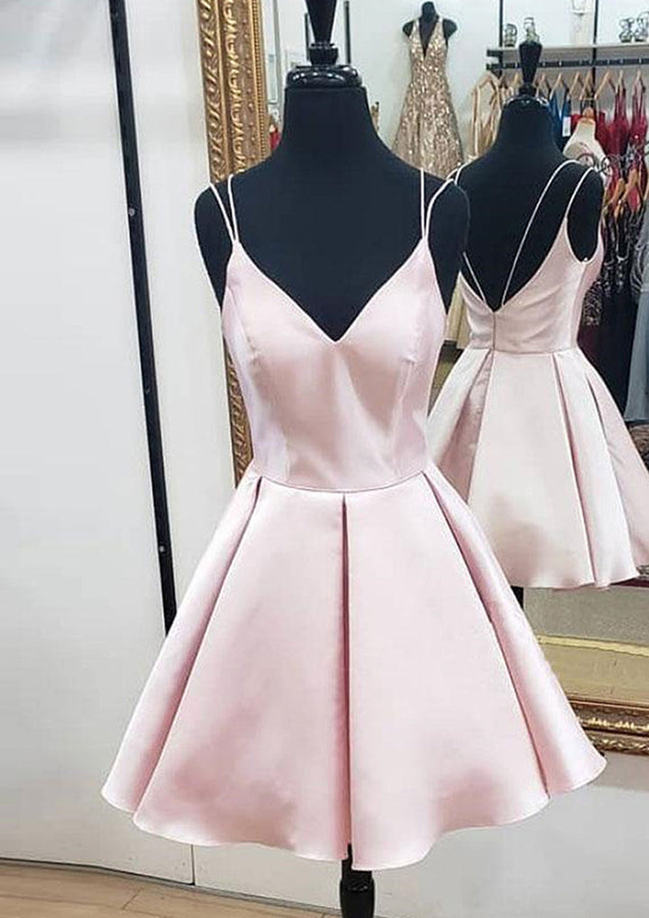 Lumidress omantic Satin A-Line V-Neck Sleeveless Ruffled Mini Homecoming Dress