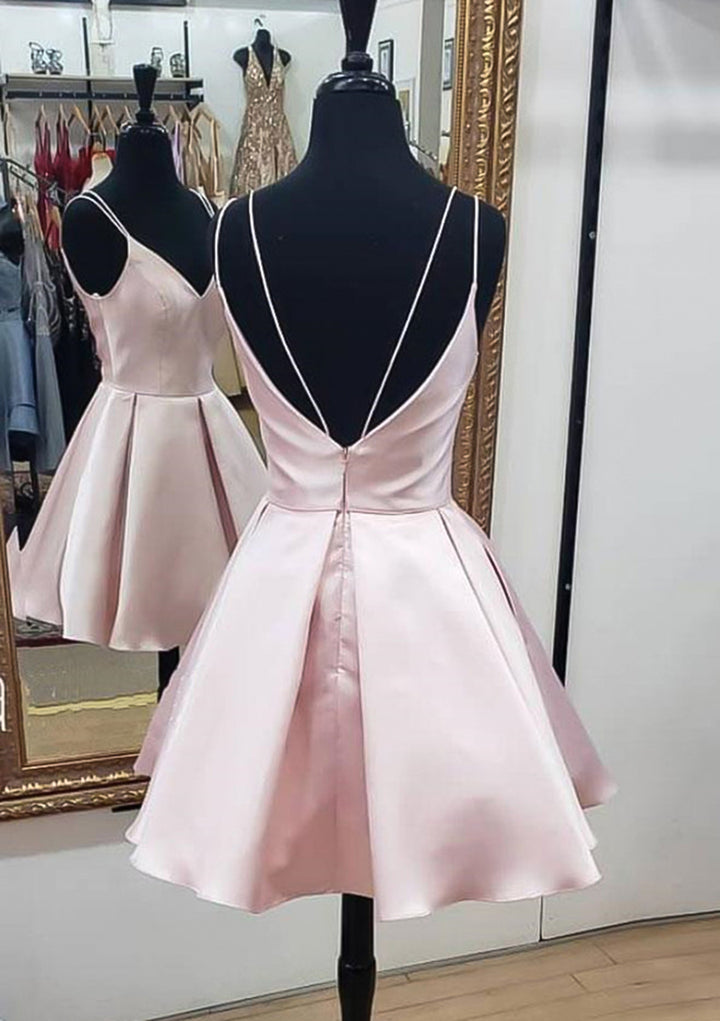 Lumidress omantic Satin A-Line V-Neck Sleeveless Ruffled Mini Homecoming Dress