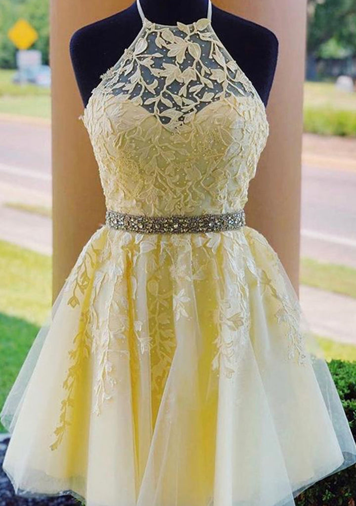 Lumidress Elegant Yellow Beaded Lace Tulle Halter A-Line Mini Homecoming Dress