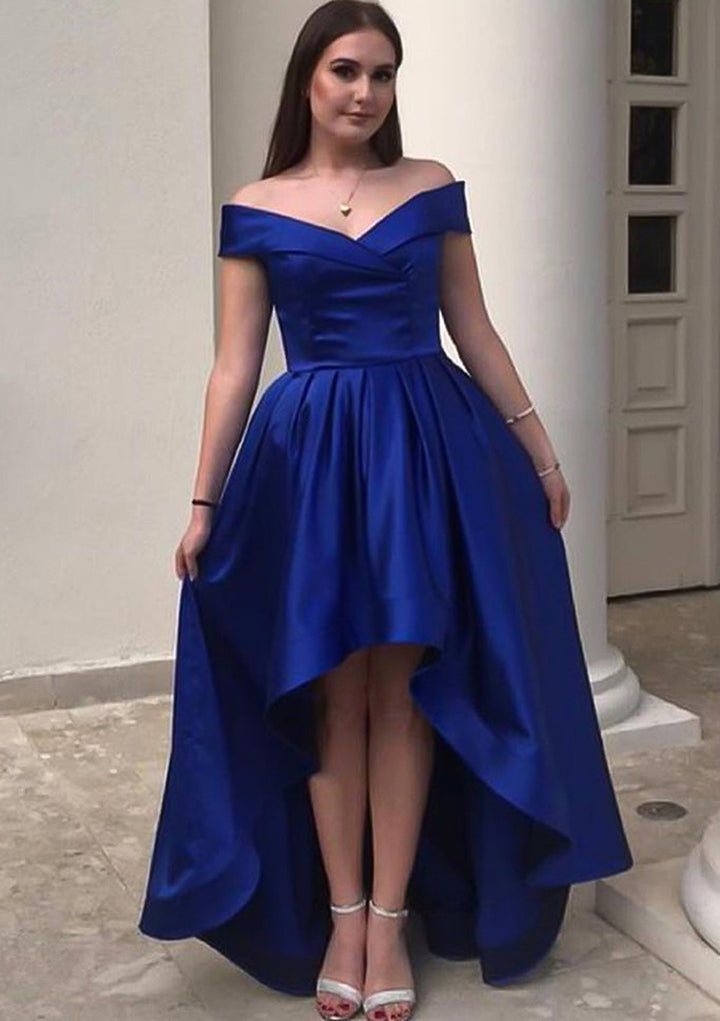Elegant Off-the-Shoulder Satin A-Line Asymmetrical Homecoming Prom Dress