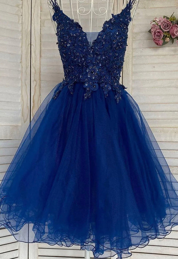 Lumidress Glamorous A-Line V-Neck Sleeveless Tulle Mini Dress with Sequin Appliqués