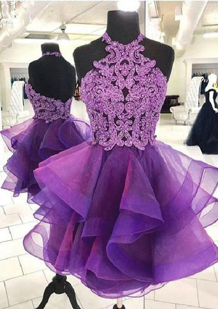 Lumidress Halter Sleeveless A-Line Short Homecoming Dress with Beaded Lace Appliqués