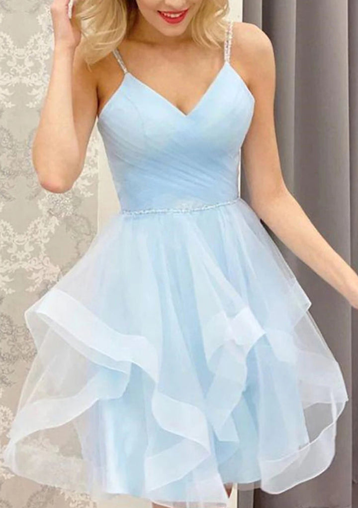 Lumidress Romantic V-Neck Sleeveless Tulle A-Line Homecoming Dress with Beaded Pleats