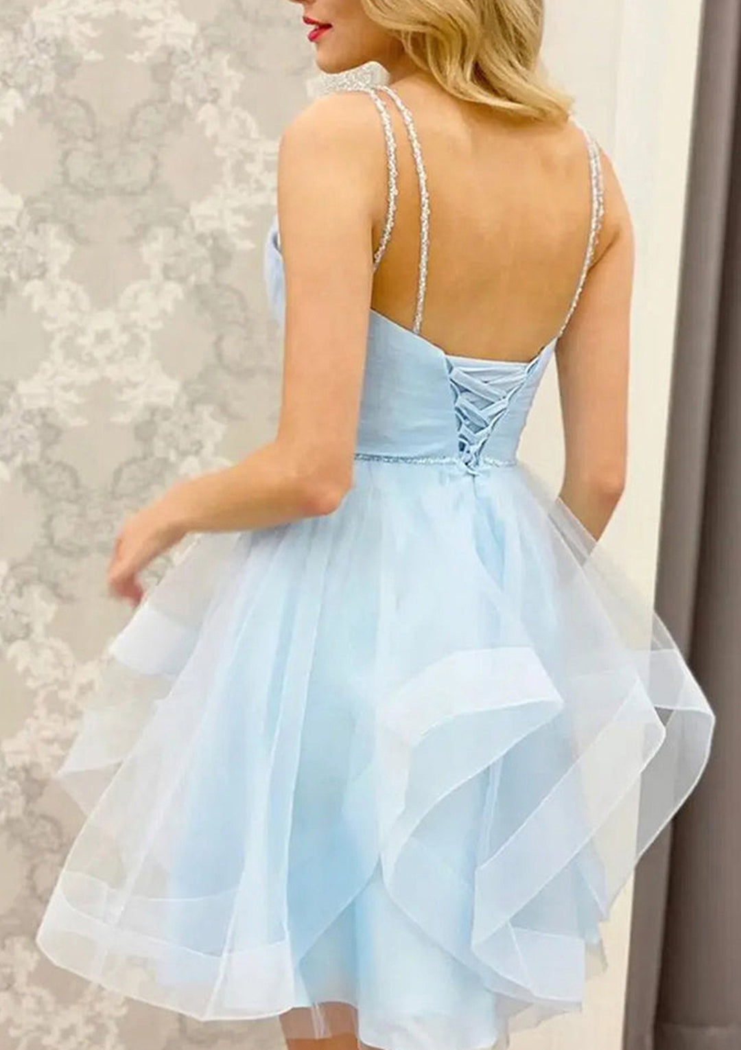 Lumidress Romantic V-Neck Sleeveless Tulle A-Line Homecoming Dress with Beaded Pleats