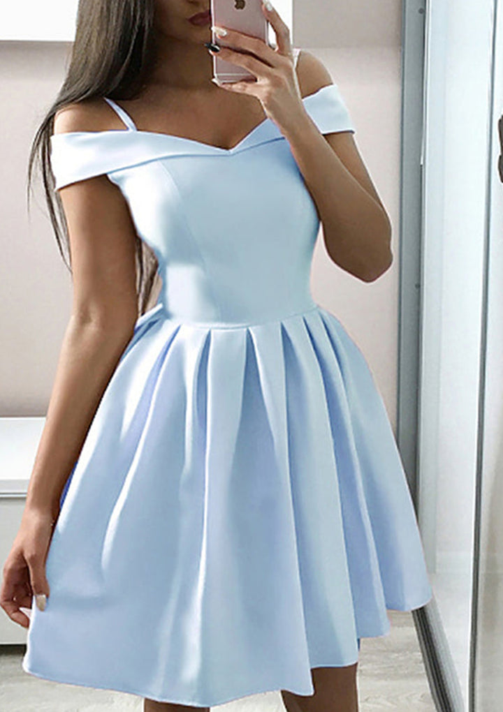 Lumidress Elegant A-Line Off-the-Shoulder Satin Mini Homecoming Dress with Ruffle Details
