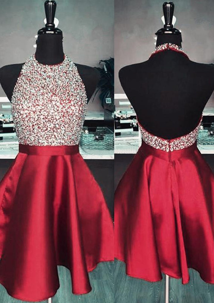 Lumidress A-Line Halter Satin Mini Homecoming Dress with Sparkling Beaded Sequins