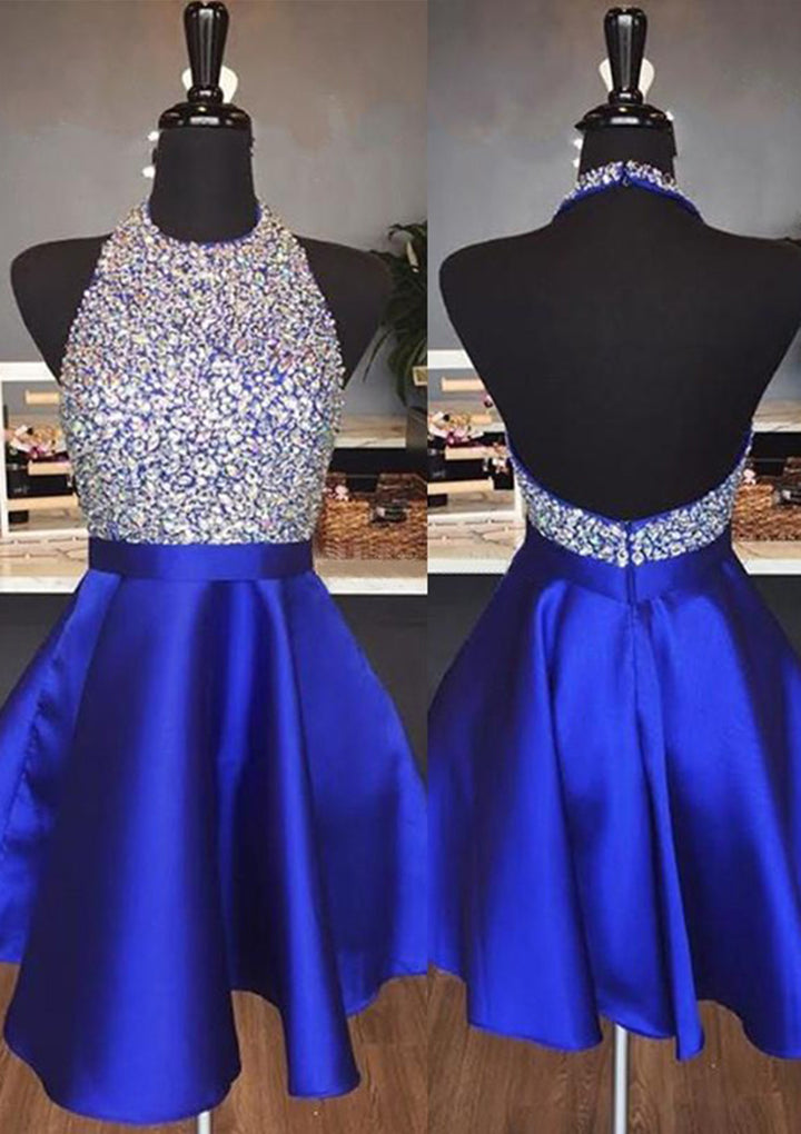 Lumidress A-Line Halter Satin Mini Homecoming Dress with Sparkling Beaded Sequins