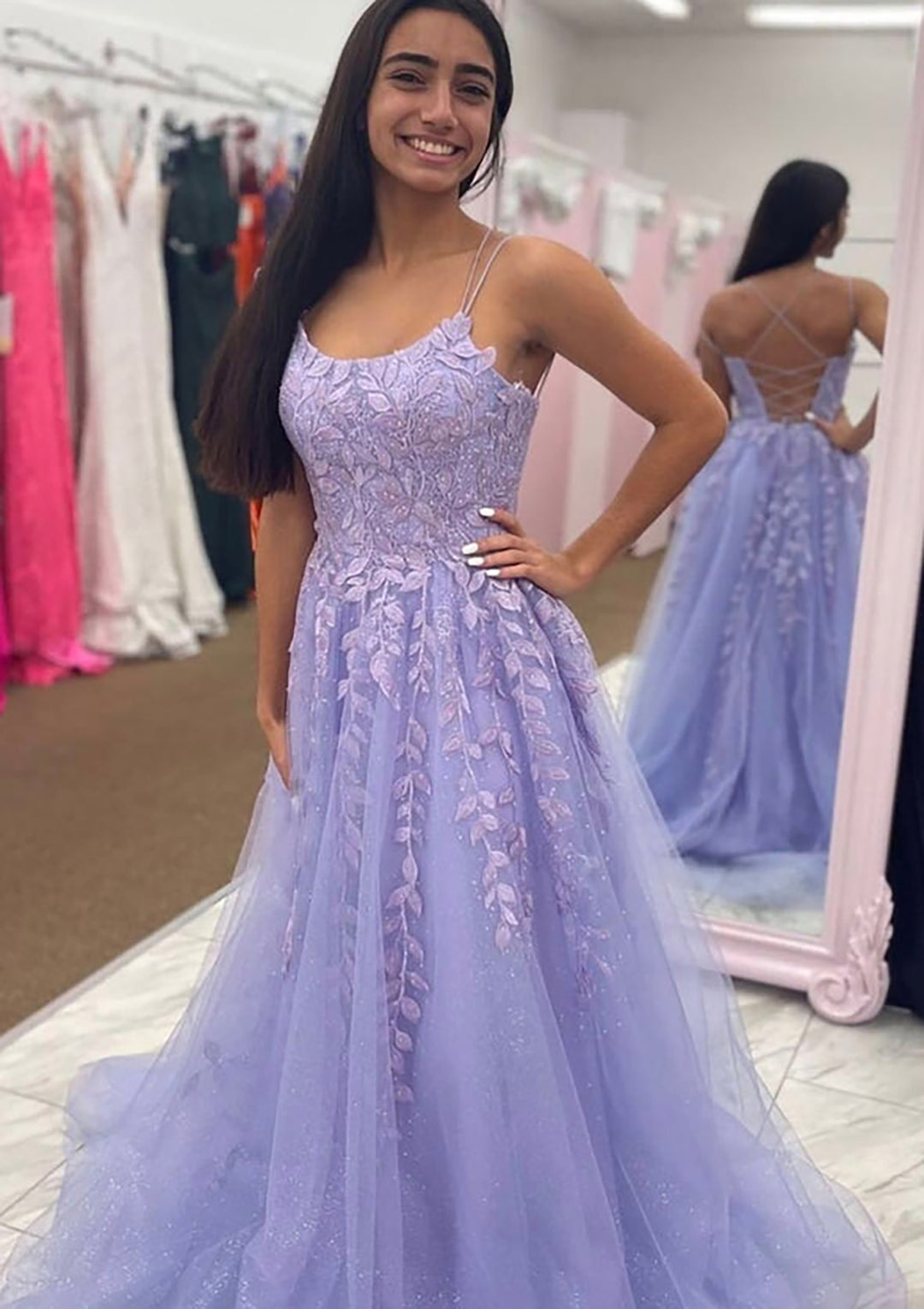 Lumidress Lavender Glitter Tulle A-Line Long Prom Dress with Lace Appliqués