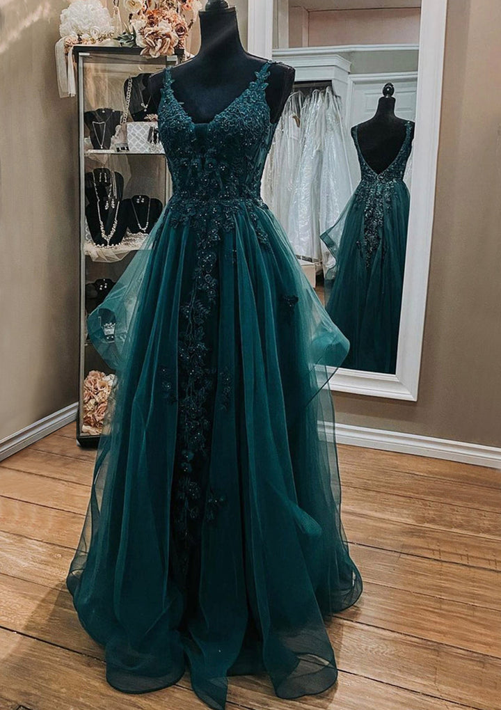 Lumidress A-Line Beaded Lace Appliqués Tulle V-Neck Long Prom Dress