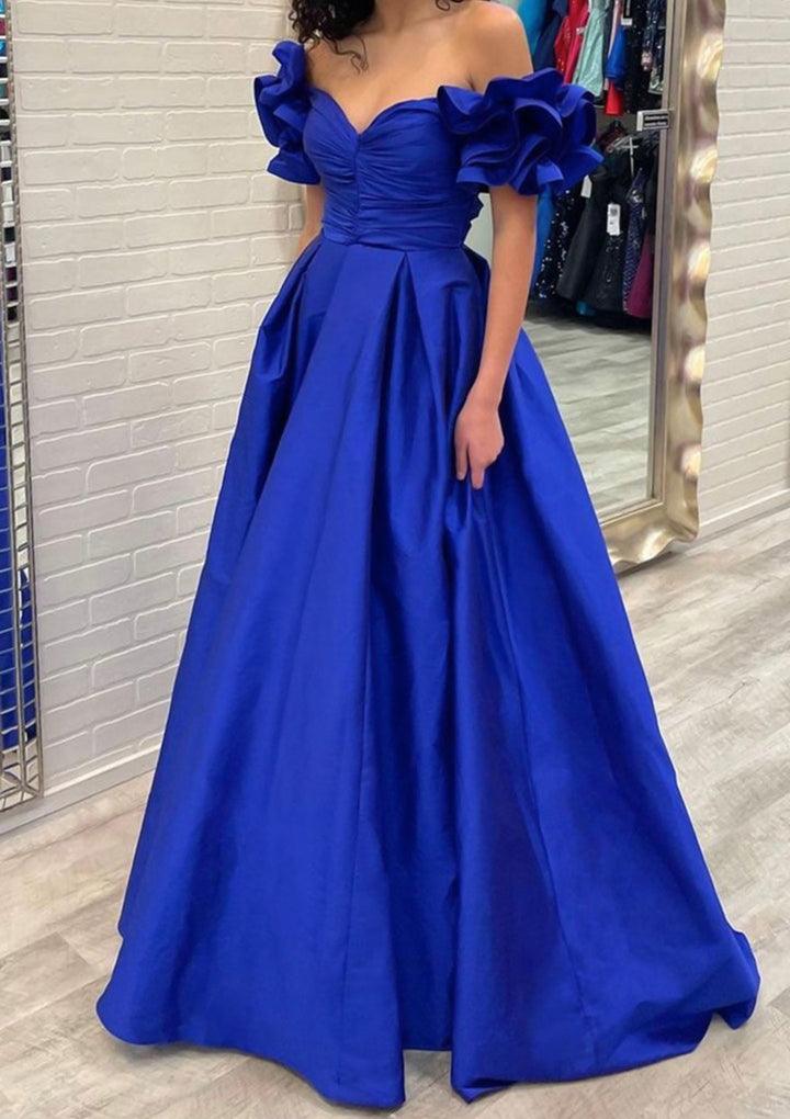 Lumidress Royal Blue Off-the-Shoulder Satin Ball Gown with Pleated and Ruffles