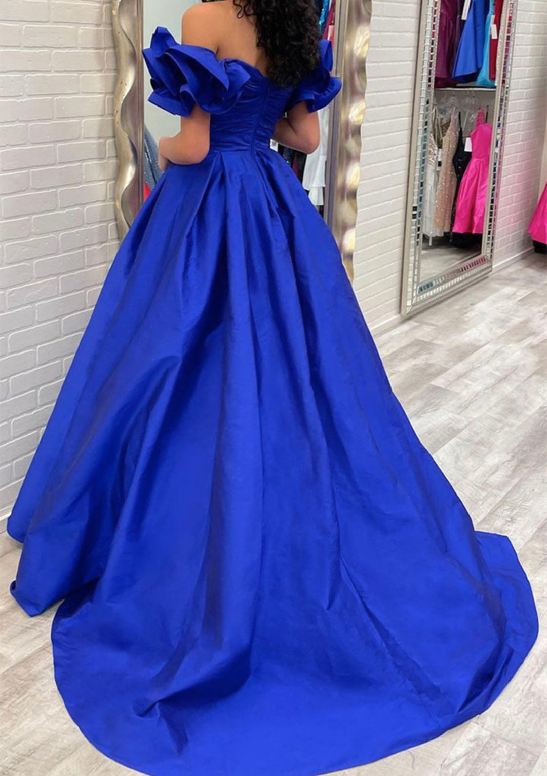 Lumidress Royal Blue Off-the-Shoulder Satin Ball Gown with Pleated and Ruffles