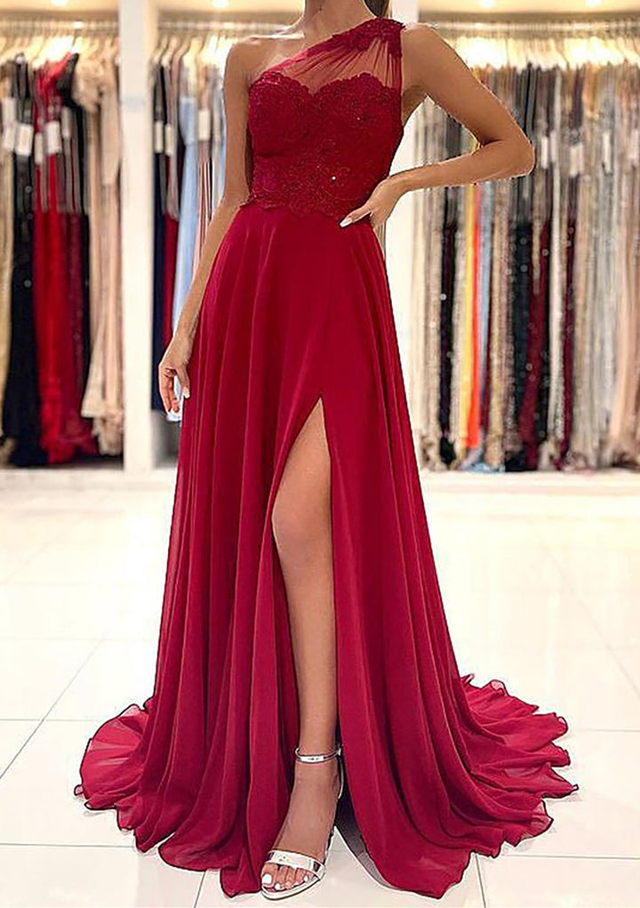 Lumidress Burgundy One-Shoulder A-Line Chiffon Evening Gown with Beading