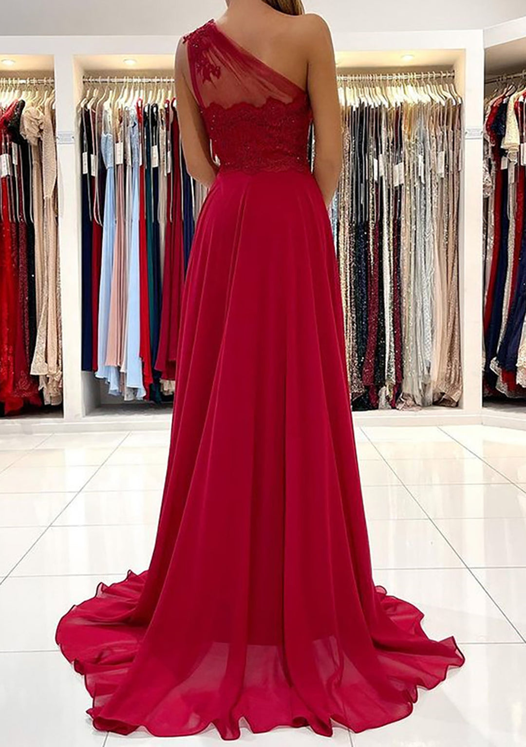 Lumidress Burgundy One-Shoulder A-Line Chiffon Evening Gown with Beading