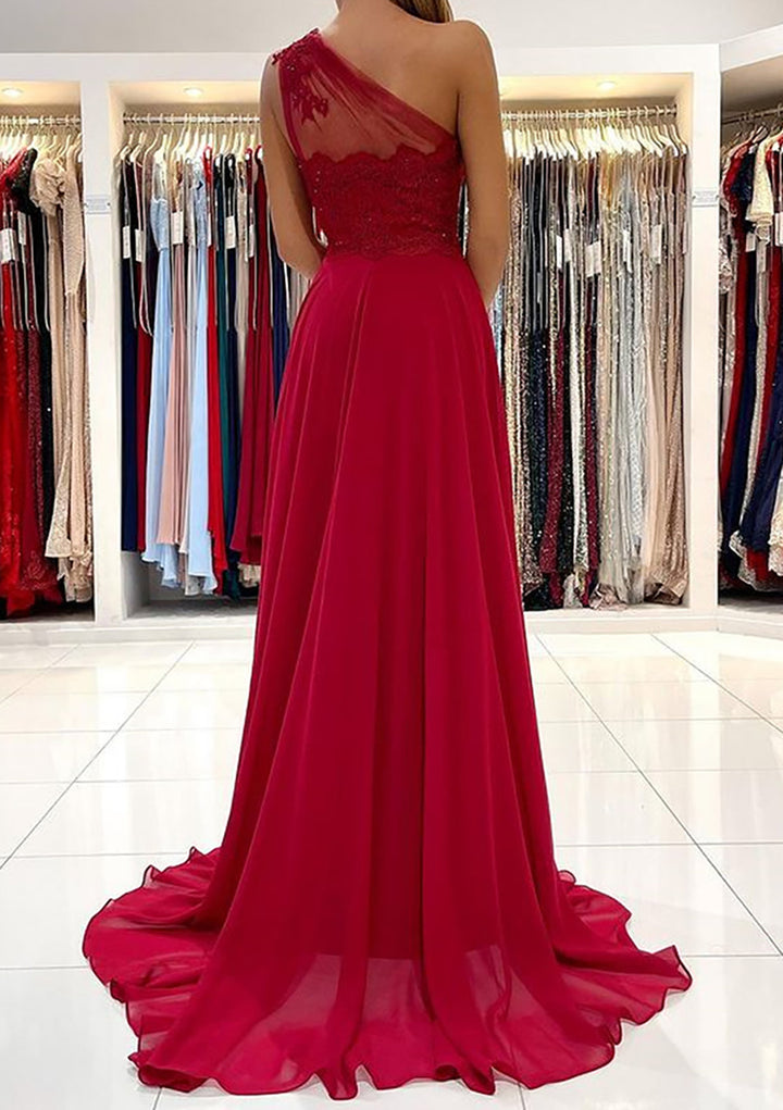 Lumidress Burgundy One-Shoulder A-Line Chiffon Evening Gown with Beading