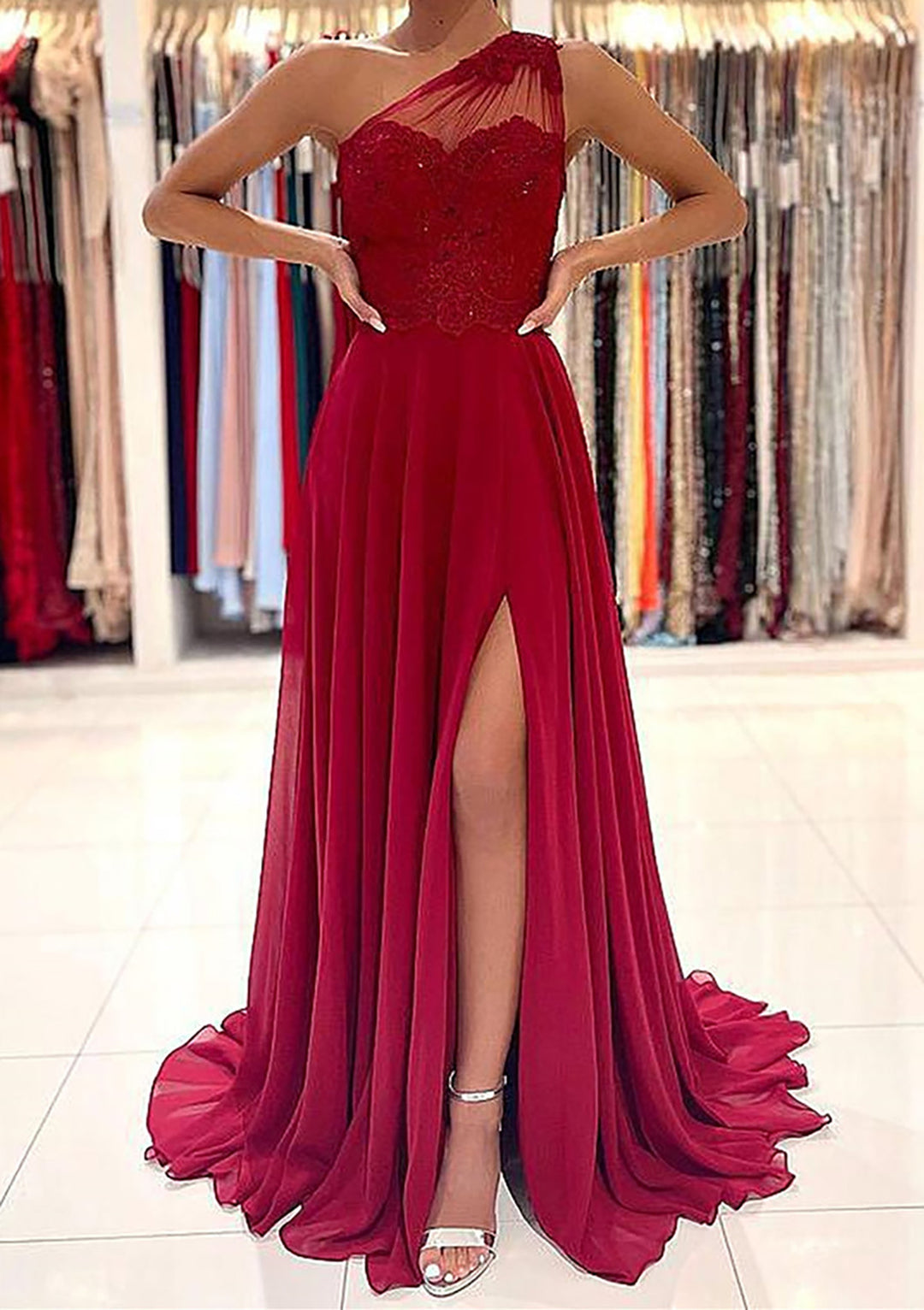 Lumidress Burgundy One-Shoulder A-Line Chiffon Evening Gown with Beading