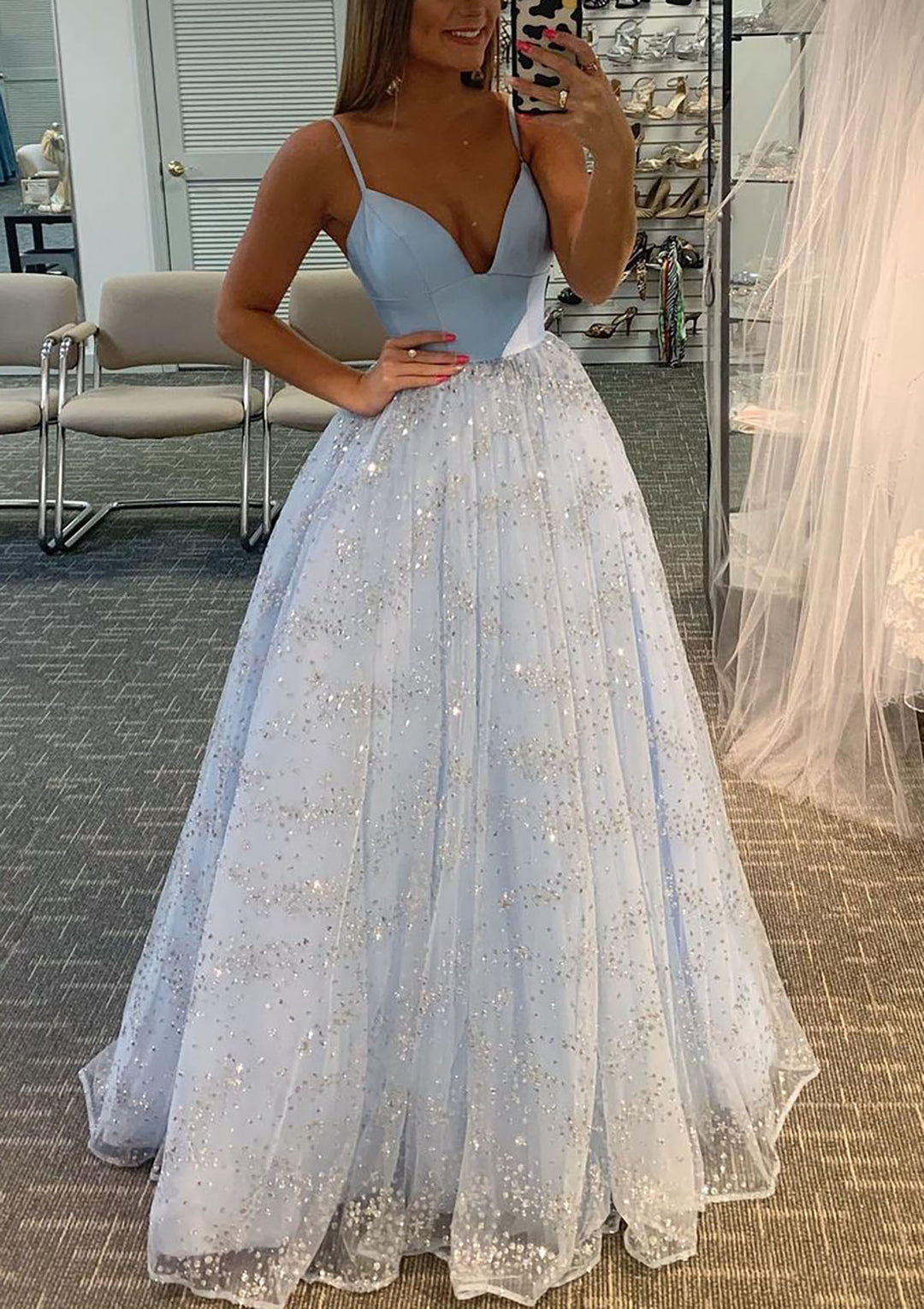 Lumidress Light Blue Spaghetti Strap Glitter Tulle A-Line Prom Dress