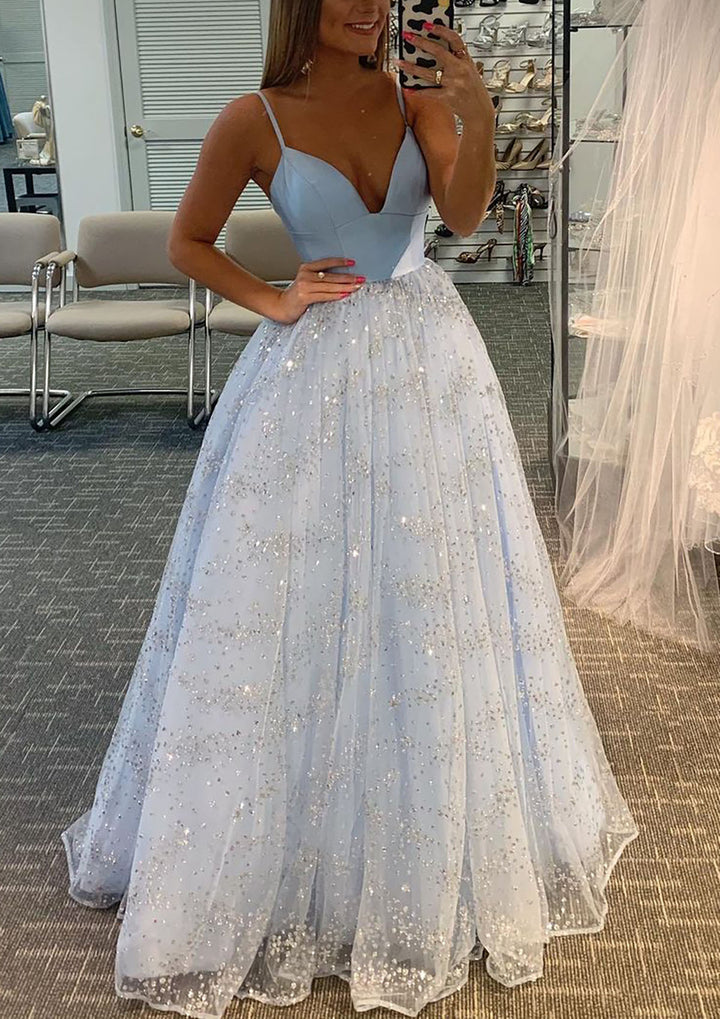 Lumidress Light Blue Spaghetti Strap Glitter Tulle A-Line Prom Dress