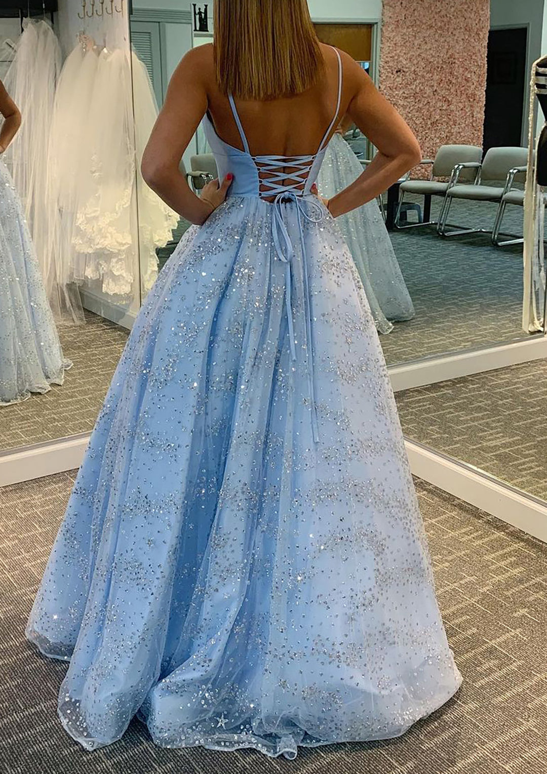 Lumidress Light Blue Spaghetti Strap Glitter Tulle A-Line Prom Dress
