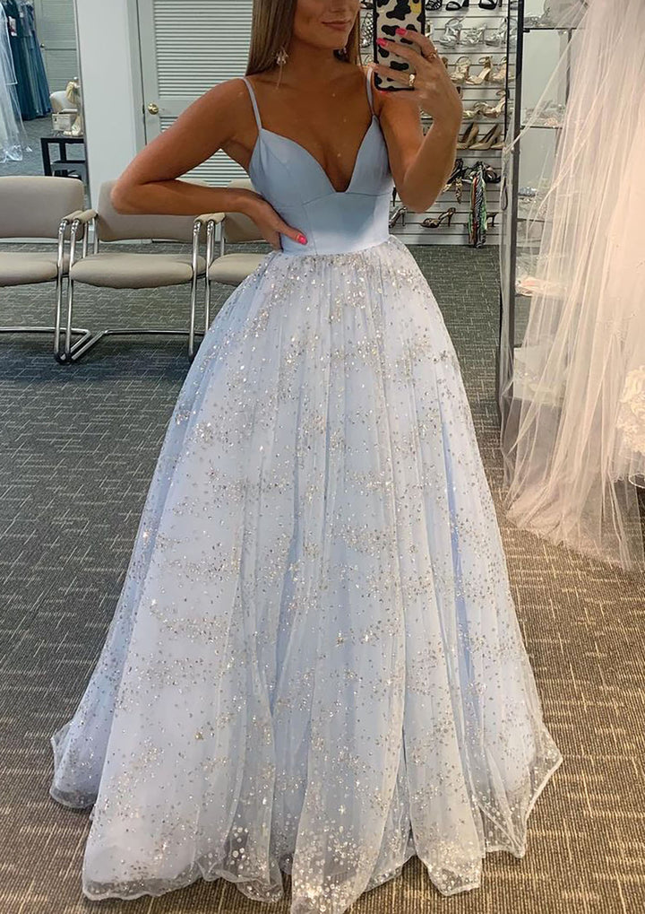 Lumidress Light Blue Spaghetti Strap Glitter Tulle A-Line Prom Dress