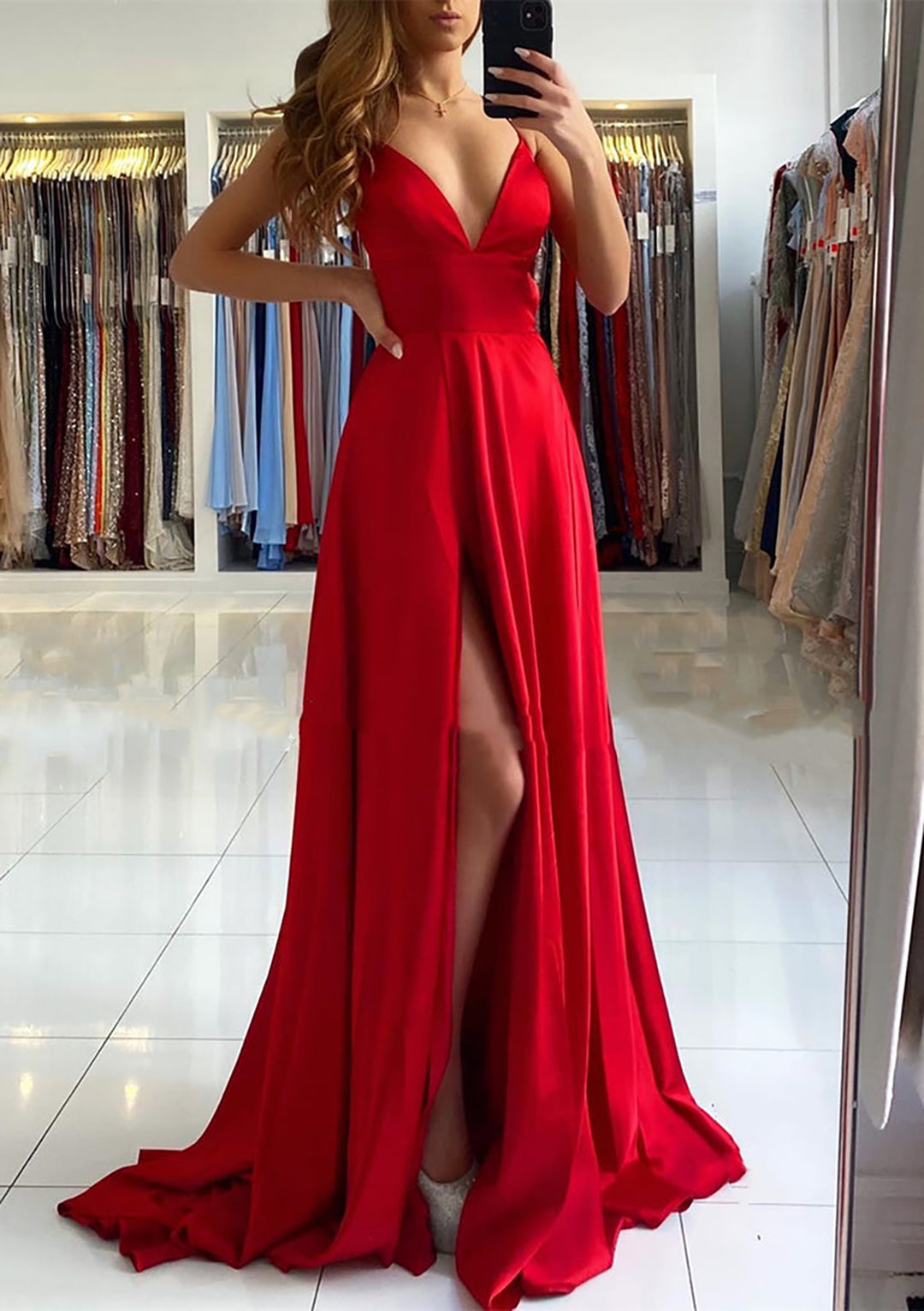 Lumidress Red Sleeveless A-Line Satin Gown with Sweep Train